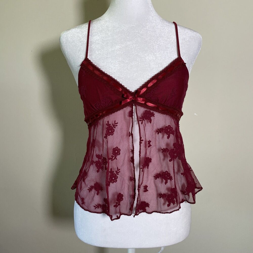 Women's Red Floral Lace Babydoll Cami Crop Top Size XS Y2K Strappy V-Neck Split